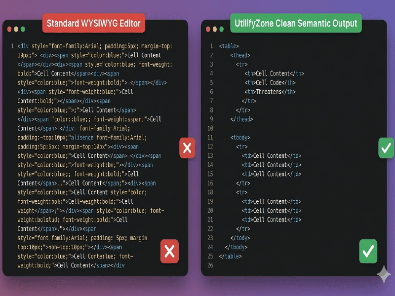 code-comparison-battle-graphic-messy-non-semantic-div-soup-html-code-vs-clean-semantic-utilifyzone-table-code-with-proper-tables-headers-and-bodies