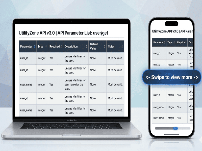 responsive-html-table-design-mockup-comparing-desktop-laptop-view-vs-smartphone-view-with-horizontal-swipe-navigation-enabled-by-utilifyzone-container