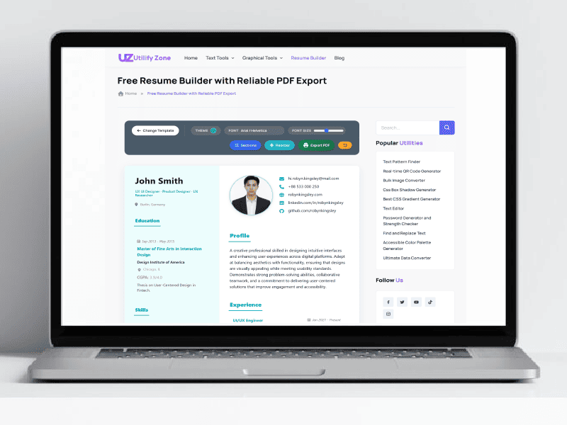 Free-resume-builder-no-signup-interface-with-instant-PDF-export-and-client-side-processing-mockup