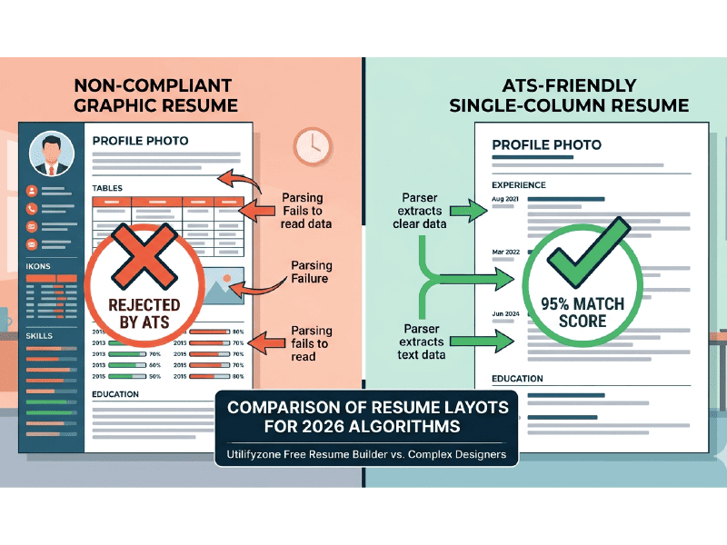 Infographic-comparing-a-non-compliant-graphic-resume-vs.-a-clean-single-column-ATS-friendly-layout