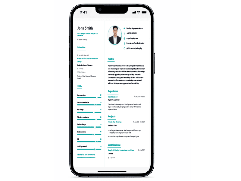 Mobile-responsive-resume-builder-mockup-showing-1.5-second-load-time-and-A4-optimized-layout-on-a-smartphone.