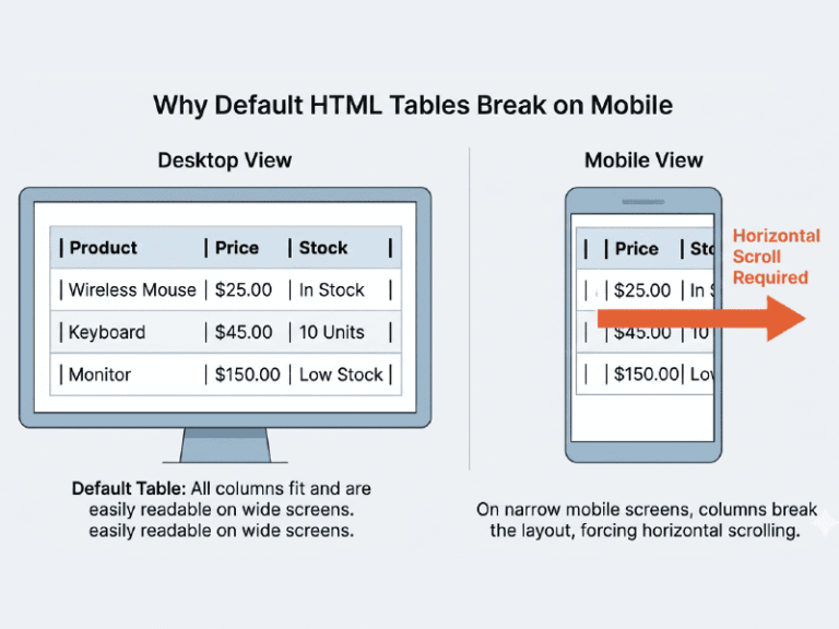 Comparison showing why default HTML tables break on mobile screens, highlighting the forced horizontal scrolling issue.