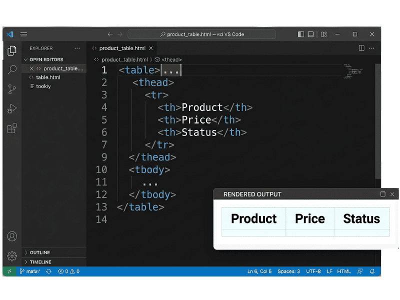 Writing basic HTML table structure in a code editor using thead, tbody, and th tags with a live rendered preview.
