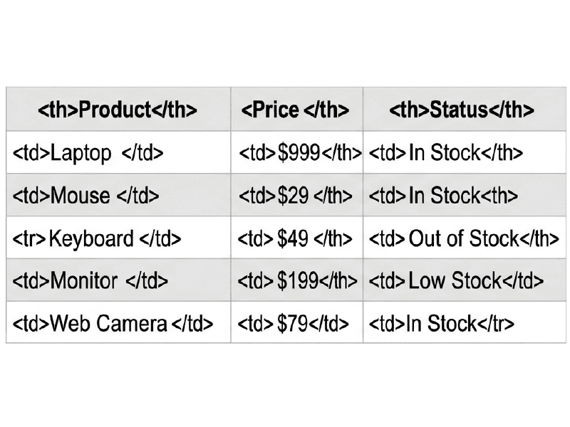 Visual breakdown of HTML table rows and data cells, showing the exact placement of th header and td data tags.