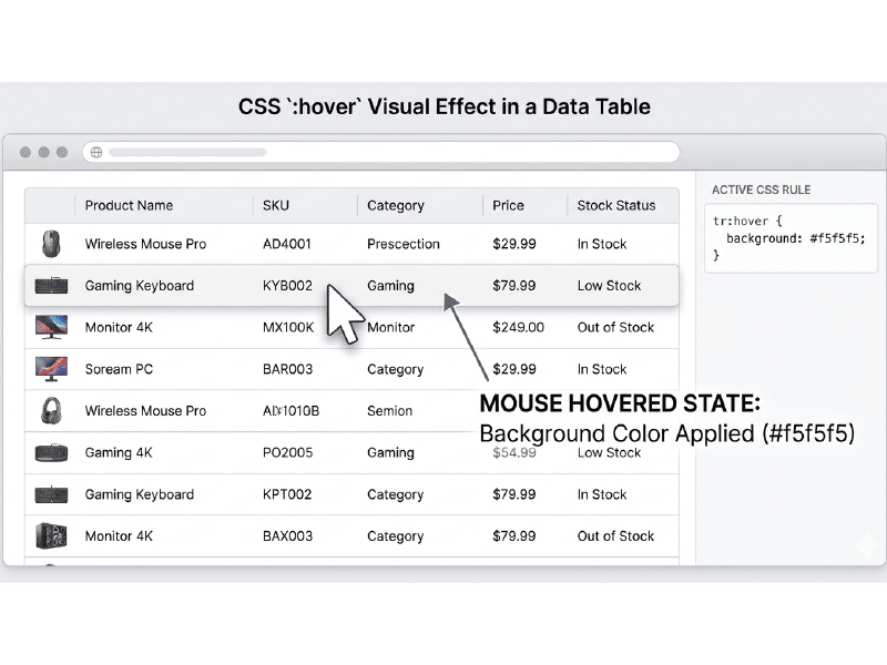 Demonstration of a CSS hover visual effect on an HTML data table, changing the row background color to improve user experience.